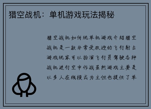 猎空战机：单机游戏玩法揭秘